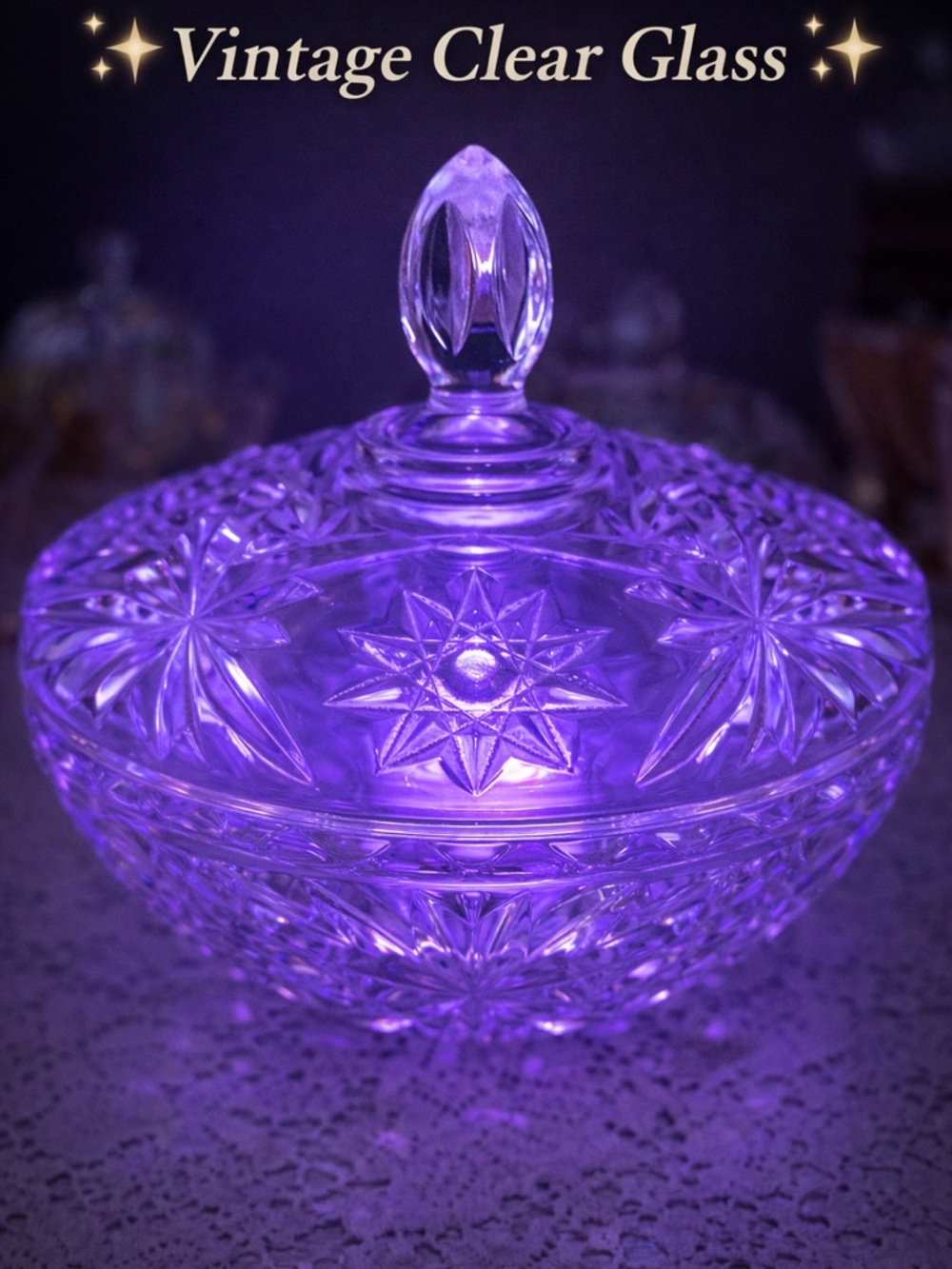 Vintage Clear Cut Glass Candy Dish w Lid Starburst Fairy Lamp Style